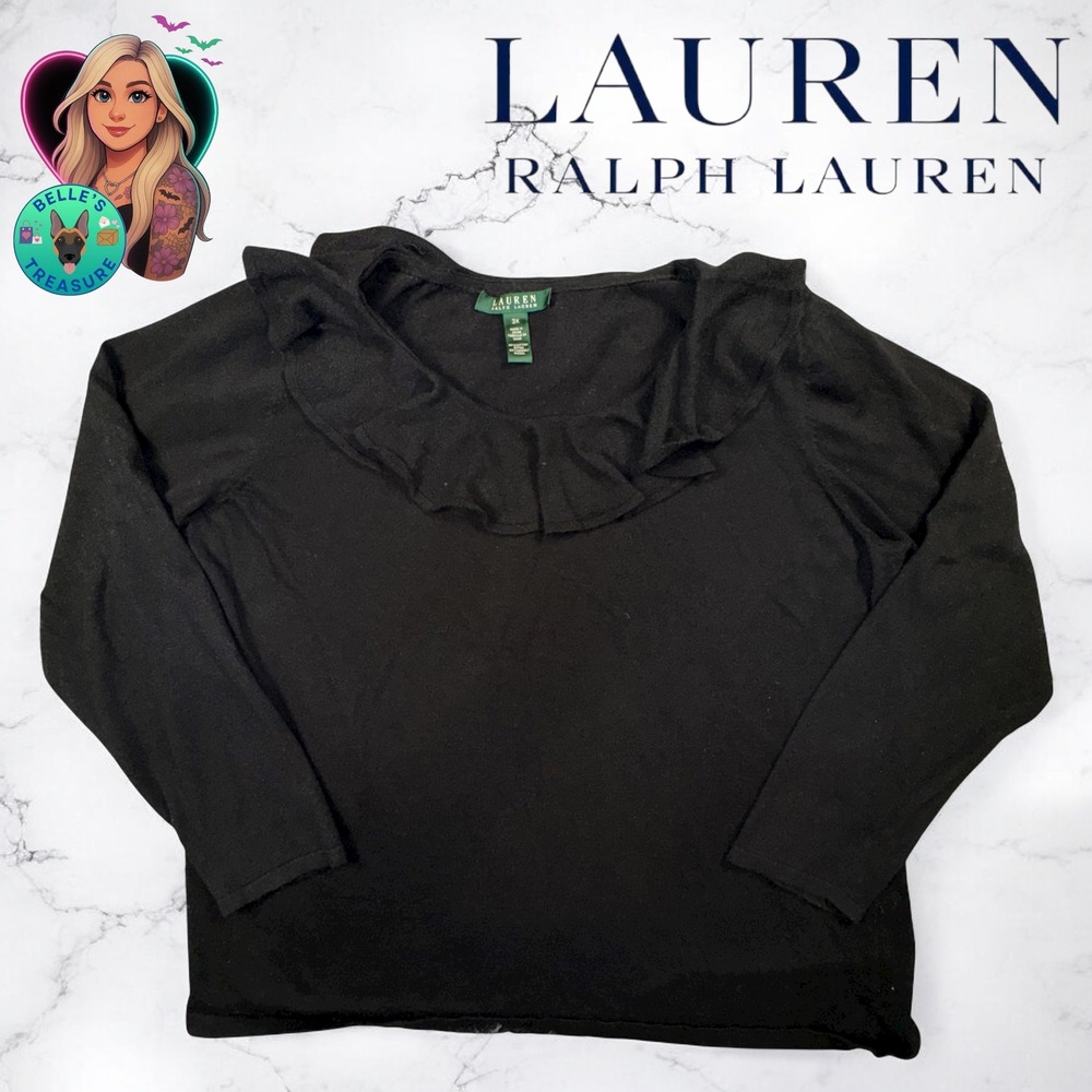 LAUREN Ralph Lauren Black Ruffle Neck 3/4 Sleeve Knit Sweater‎ Top Plus Size 3X